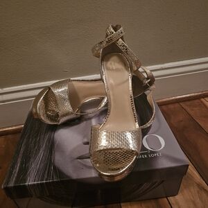 ✨ Jennifer Lopez JLO Gold Shimmer Ankle Strap Heels | Dressy Evening Shoes